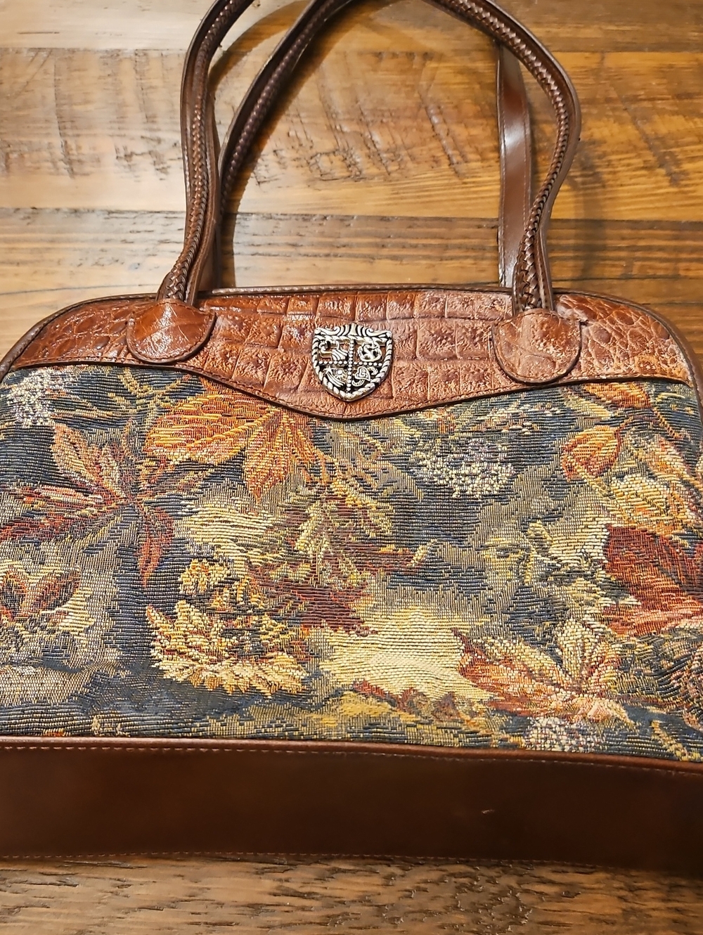 Vintage Marc Chantal Brown Floral Tapestry Shoulder Bag with Leather Trim